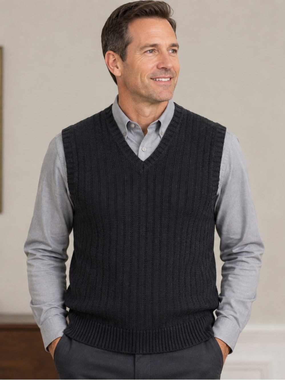 Men’s Lands' End Charcoal Gray VEST Medium sleeveless V-neck pull over